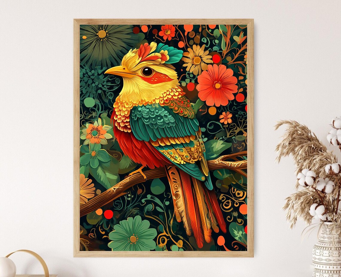 Resplendent Quetzal with Mayan Floral Motifs Tropical Art Poster