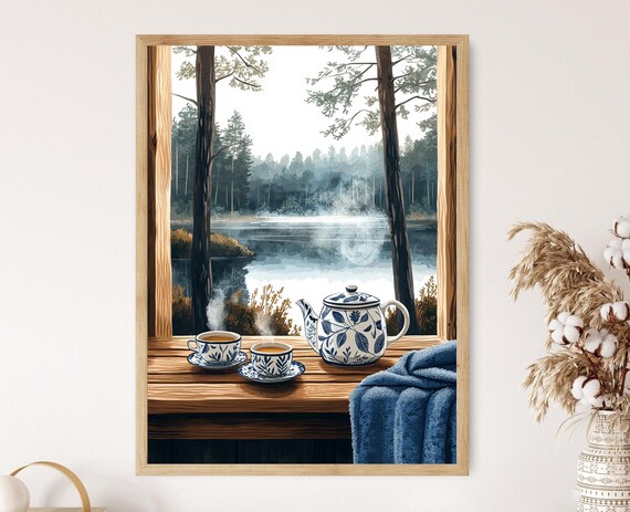 Finnish Tea Set Art Print Lakeside Sauna Nordic Decor Poster