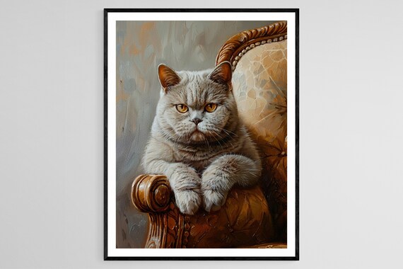 Grey British Shorthair Cat on Vintage Chair Poster With Warm Golden Tones