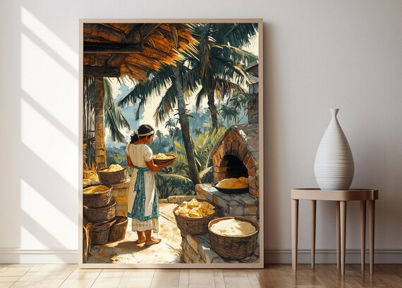 Nicaraguan Woman Baking Rosquillas Brick Oven Tropical Art Poster