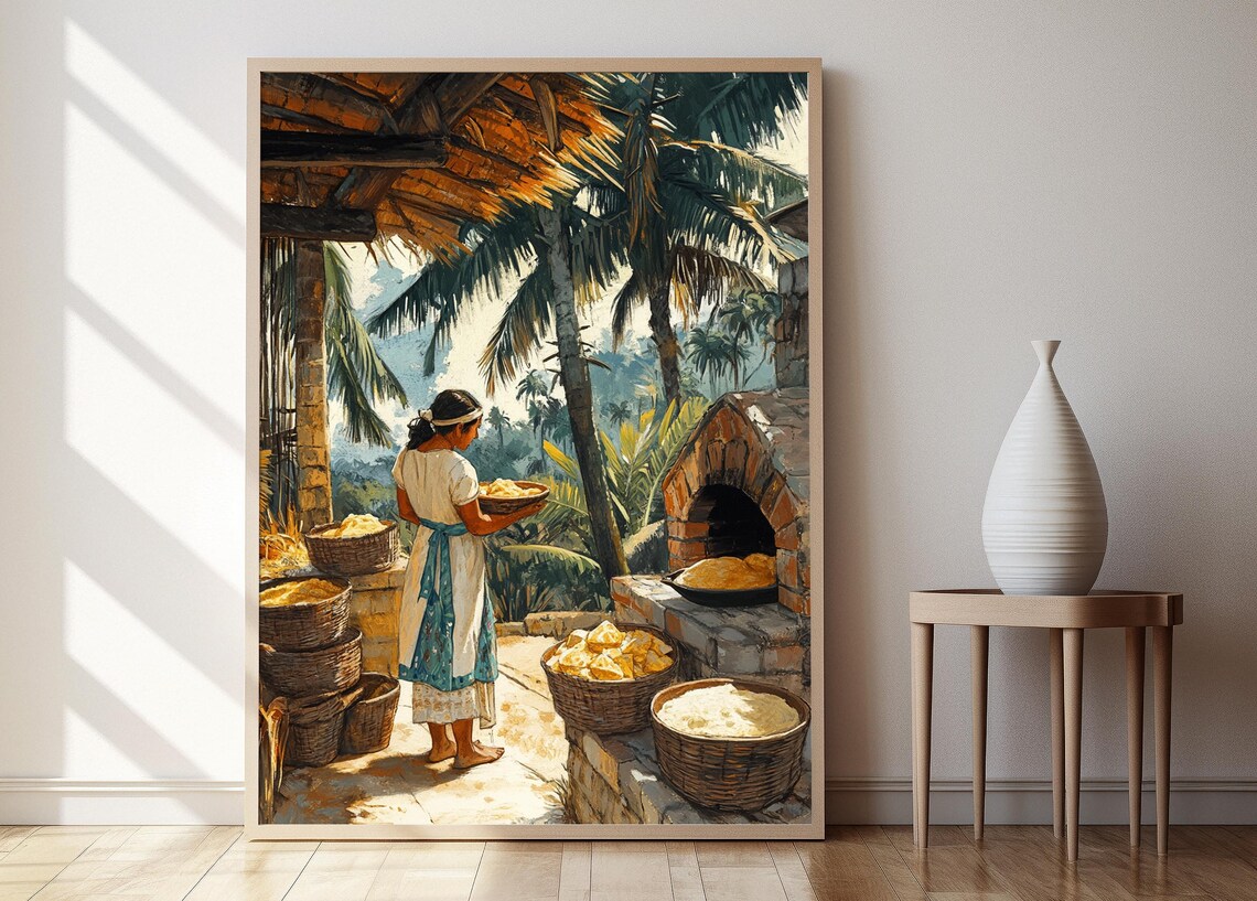 Nicaraguan Woman Baking Rosquillas Brick Oven Tropical Art Poster