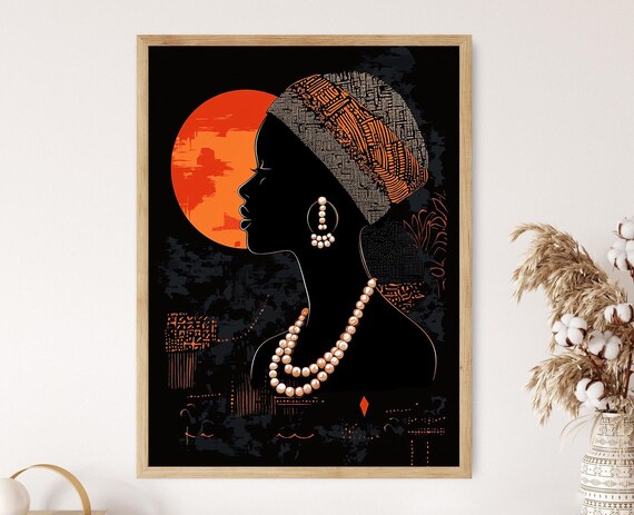 African Woman Silhouette Art Print Afrocentric Pearl Jewelry Illustration