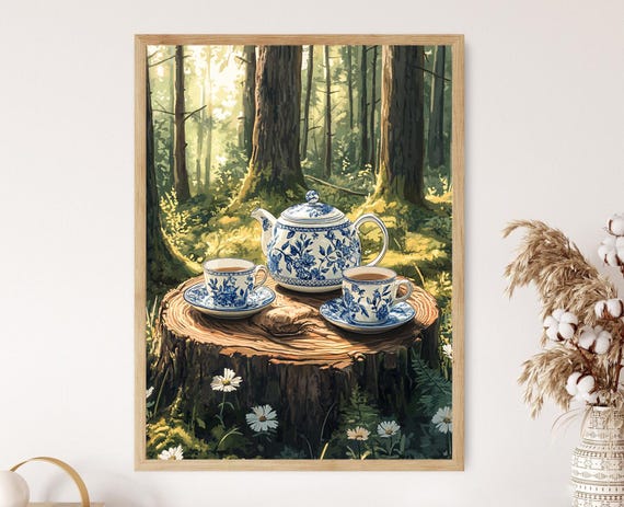 Estonian Tea Set Art Print Forest Clearing Nordic Decor Poster