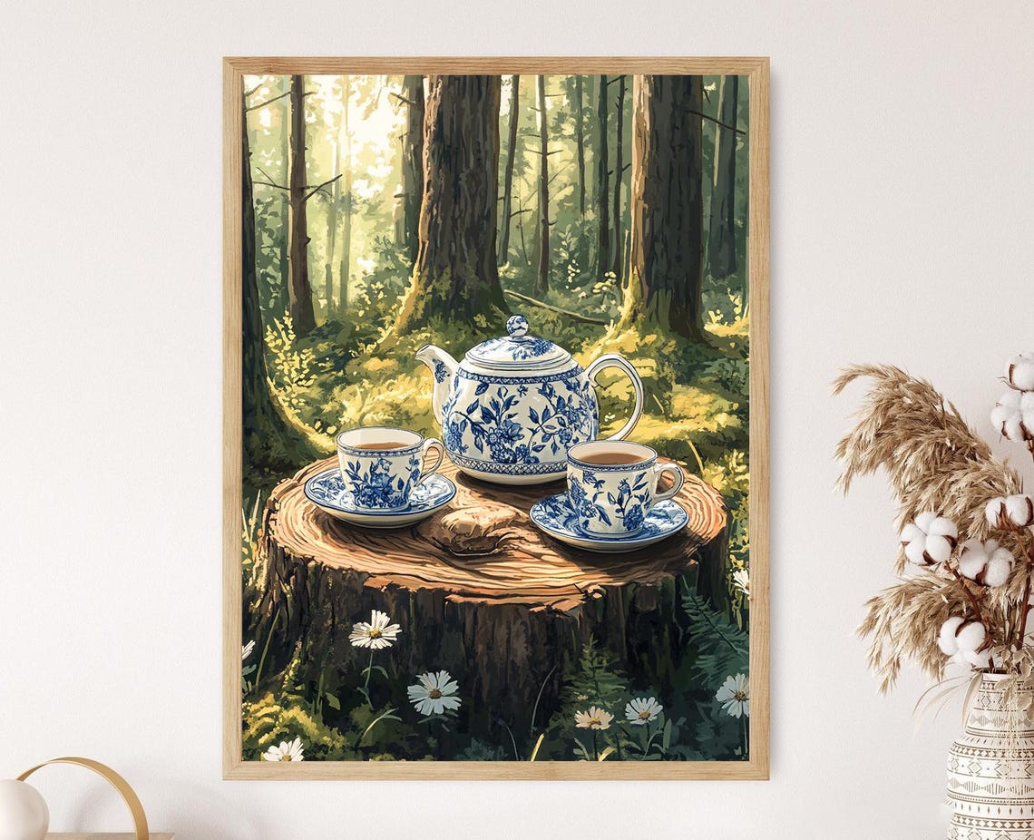 Estonian Tea Set Art Print Forest Clearing Nordic Decor Poster