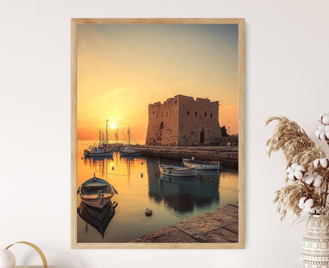 Paphos Castle Sunset by the Harbor, Travel Poster
