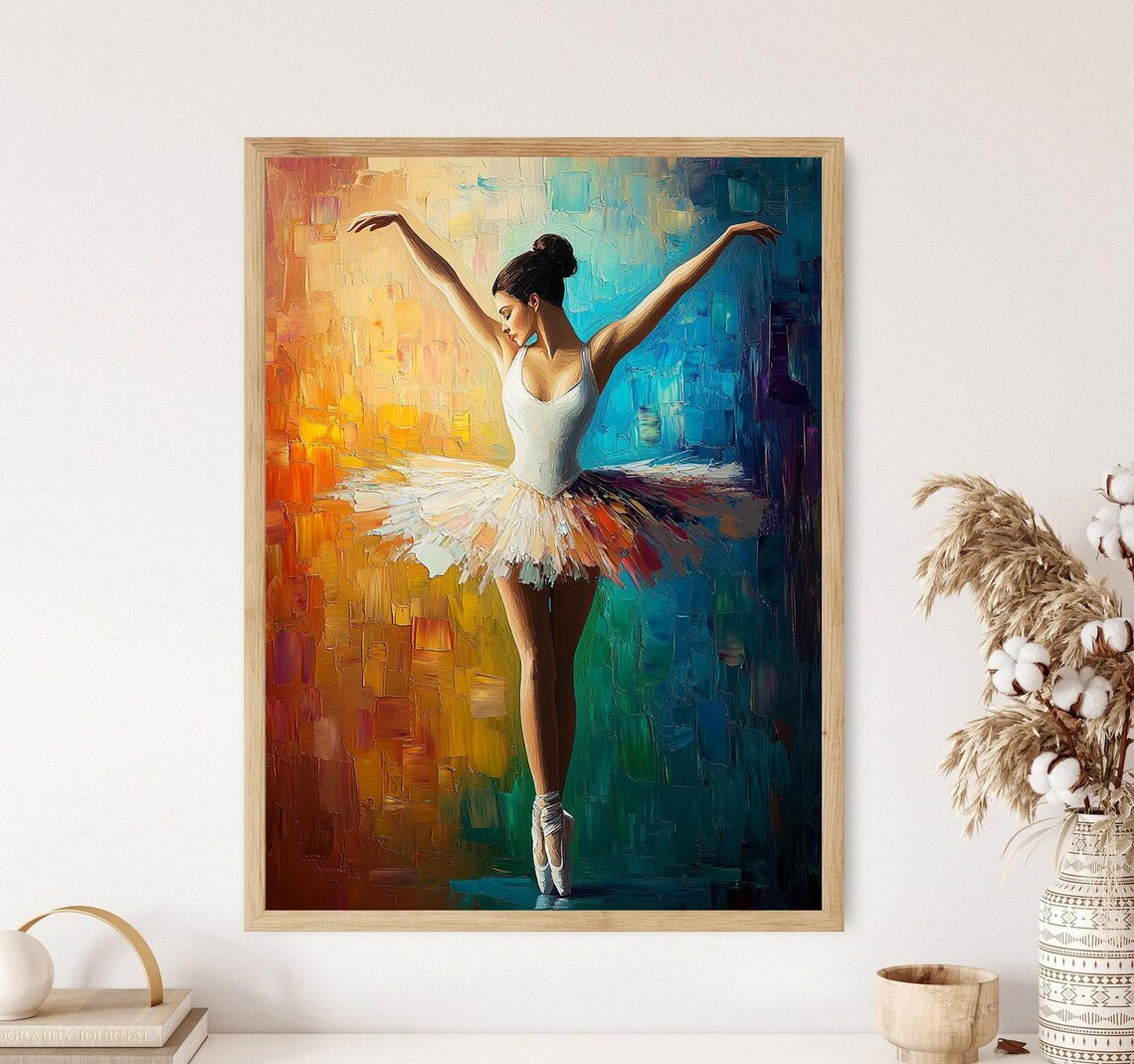 Ballet Art With Rainbow Colors Ballerina Dance Studio Decor Oil Painting Style