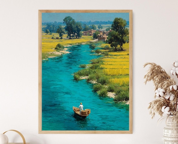 Punjabi Fisherman Painting Ravi River With Wicker Fish Traps And Village Huts Rustic Pakistan Art Print Poster