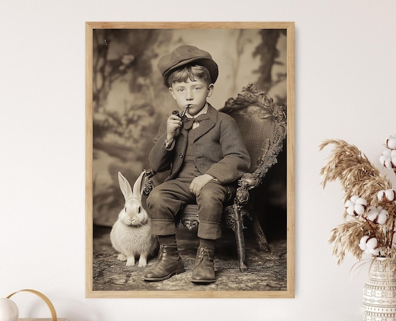 Victorian Boy Pipe White Rabbit Sepia Vintage Photo Style Art Poster