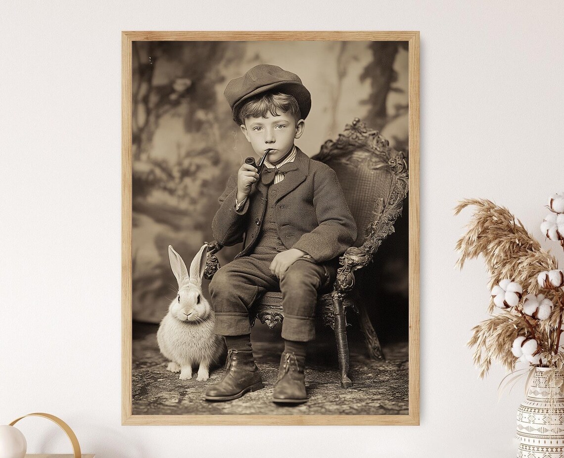 Victorian Boy Pipe White Rabbit Sepia Vintage Photo Style Art Poster