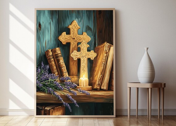 Carved Wooden Crosses with Old Books and Candle Faith Poster