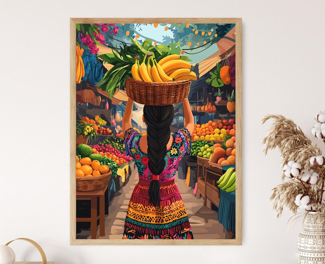 Mayan Market Woman Carrying Banana Basket on Her Head Poster