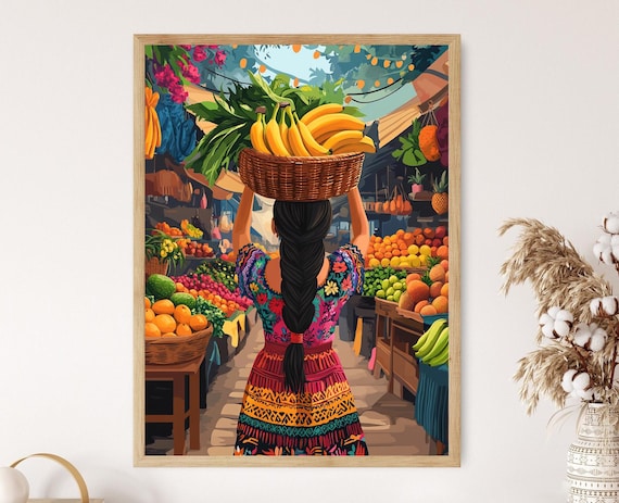 Mayan Market Woman Carrying Banana Basket on Her Head Poster