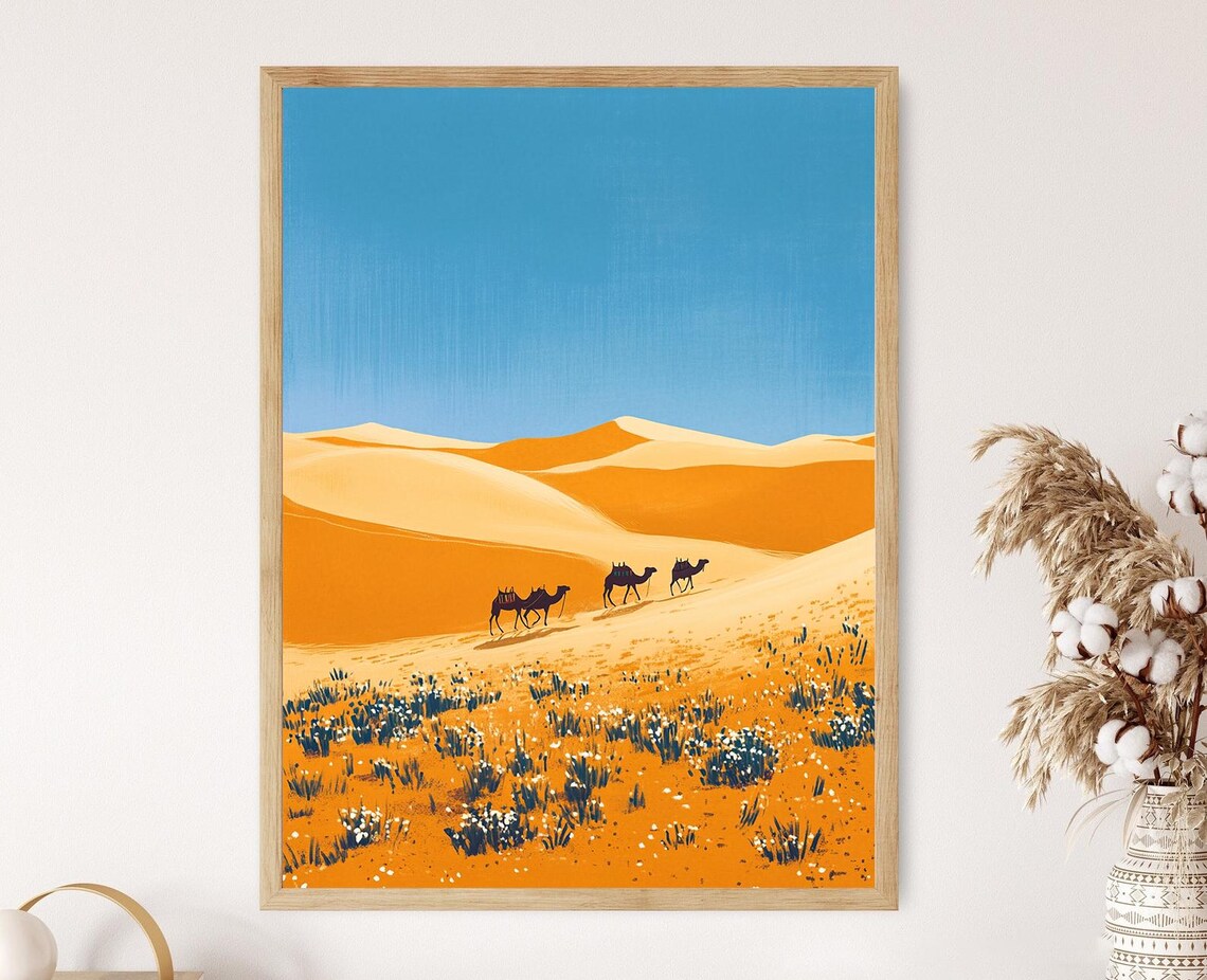 Sahara Desert Camel Caravan Crossing Orange Sand Dunes Poster