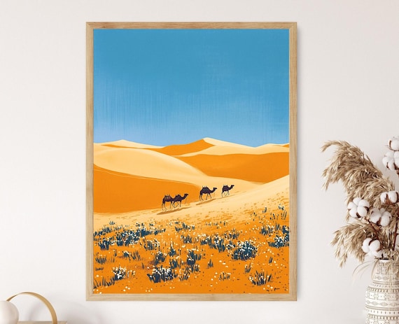 Sahara Desert Camel Caravan Crossing Orange Sand Dunes Poster