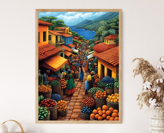 Seychelles Marketplace Illustration Colorful Farm Market Painting African Fruit Art Wall Art For Kitchen African Restaurant Decor