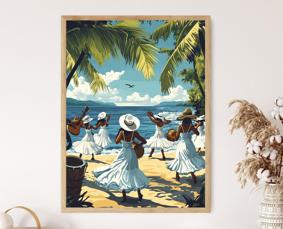Colombian Cumbia Beach Dance Musicians In White Dresses Coast Poster