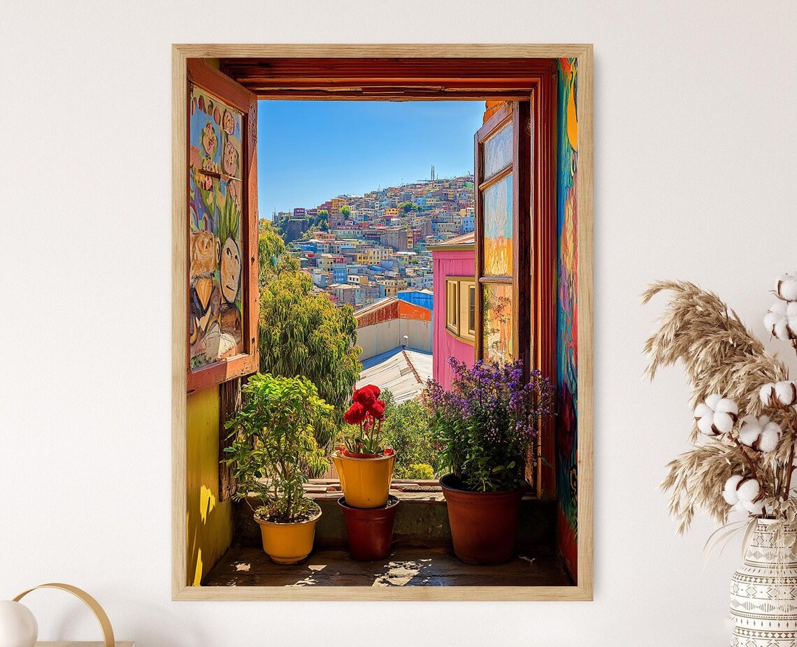Valparaso Chile Window View, Hills And Murals