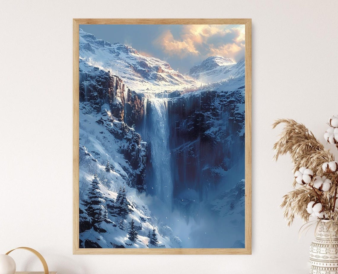 Majestic Icelandic Waterfall Amidst A Winter Wonderland Art Print