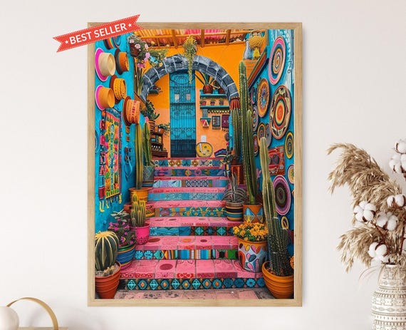 Mexican Village Scene Wall Art Print, Home Accent