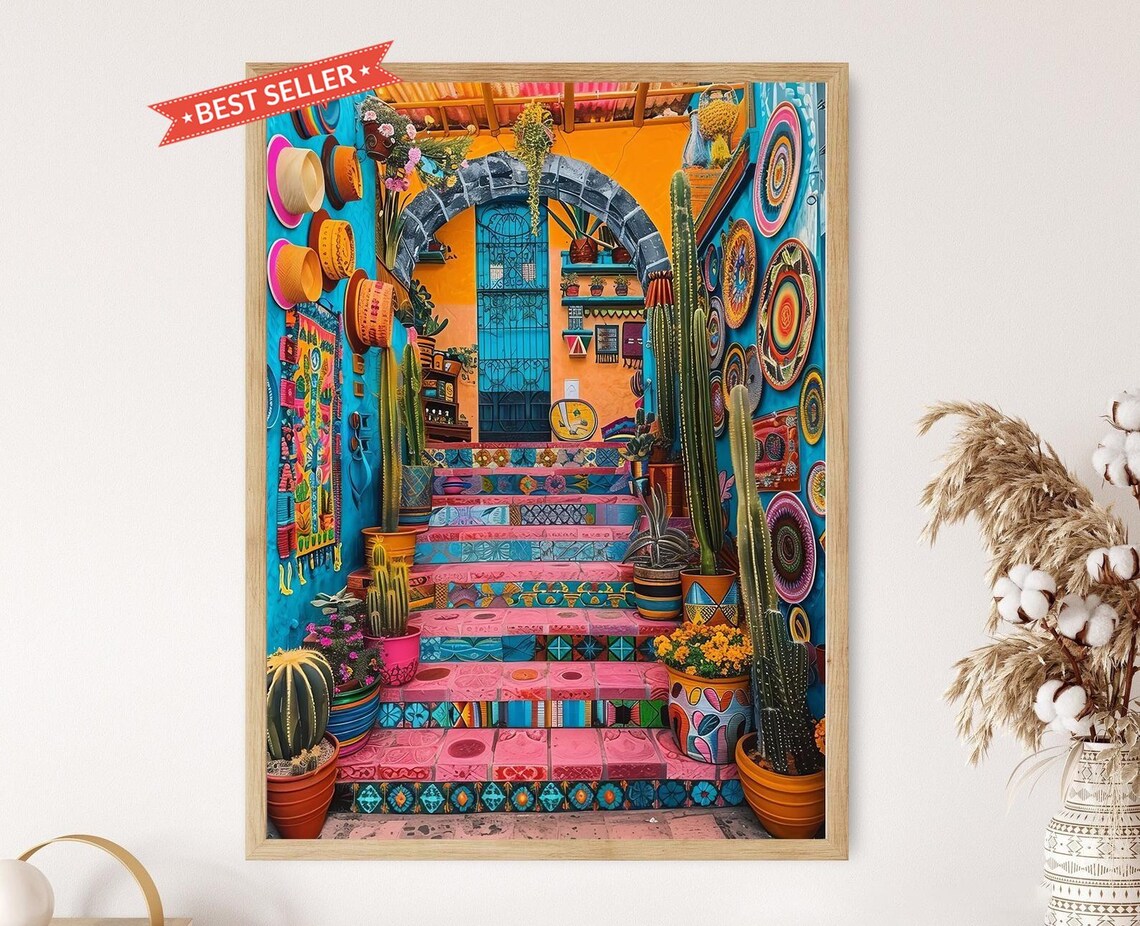 Mexican Village Scene Wall Art Print, Home Accent