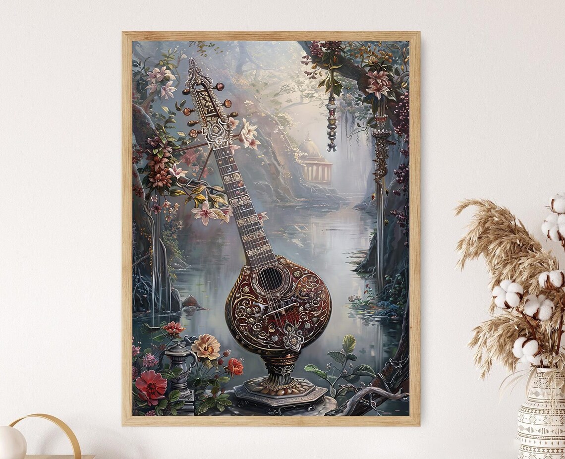 Intricate Sitar Art Print, Indian Instrument Painting