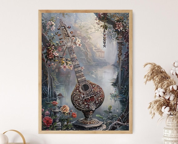 Intricate Sitar Art Print, Indian Instrument Painting