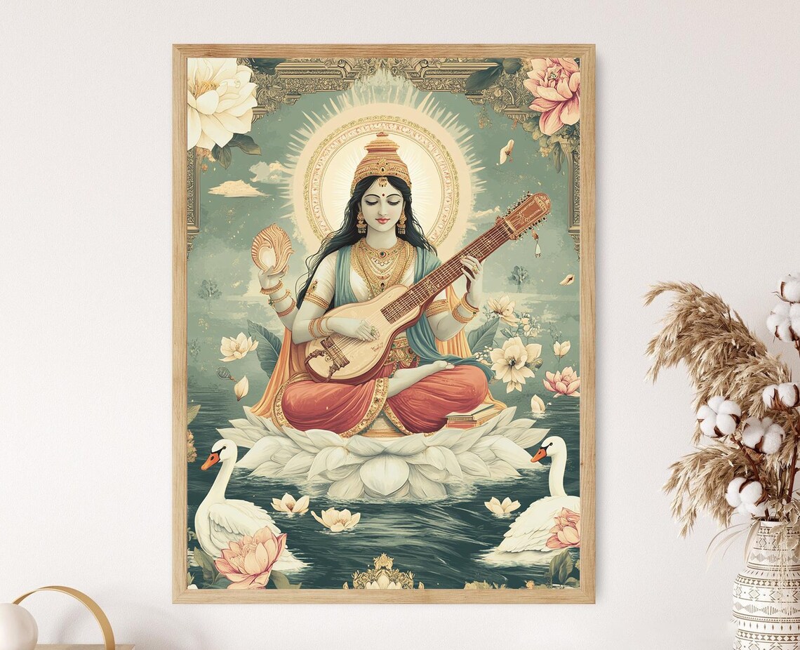 Goddess Saraswati Veena and Wisdom Ornament Art Print