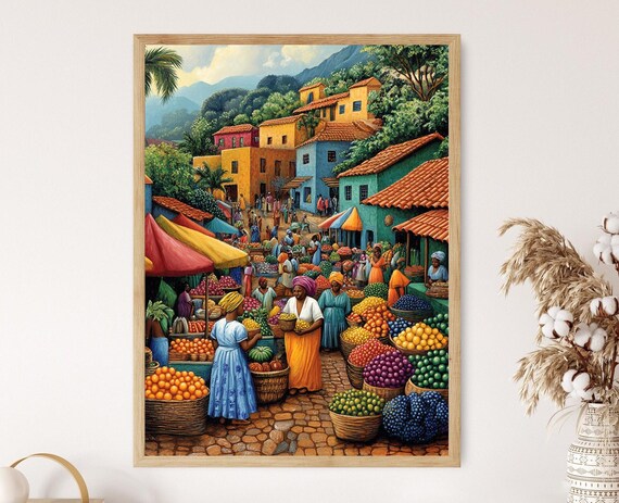 Ethiopia Marketplace Illustration Colorful Farm Market Painting African Fruit Art Wall Art For Kitchen African Restaurant Decor