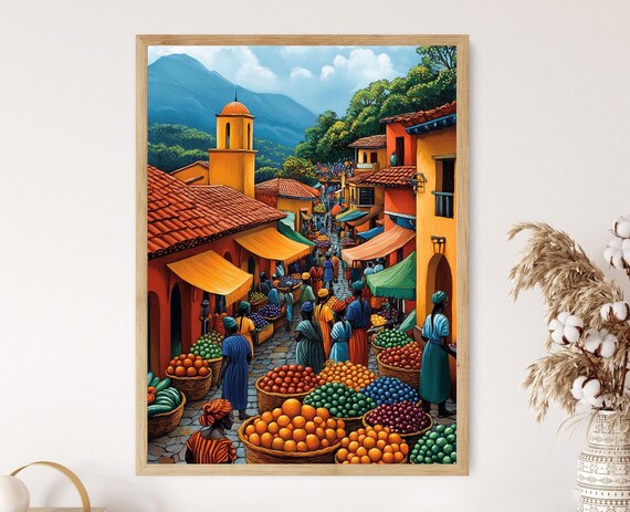 Mauritius Marketplace Illustration Colorful Farm Market Painting African Fruit Art Wall Art For Kitchen African Restaurant Decor