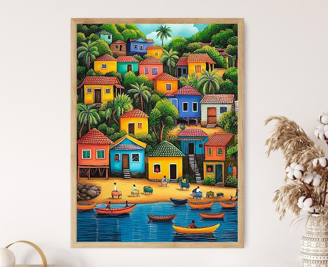 Haiti Naive Art Print, Caribbean Village Wall Decor