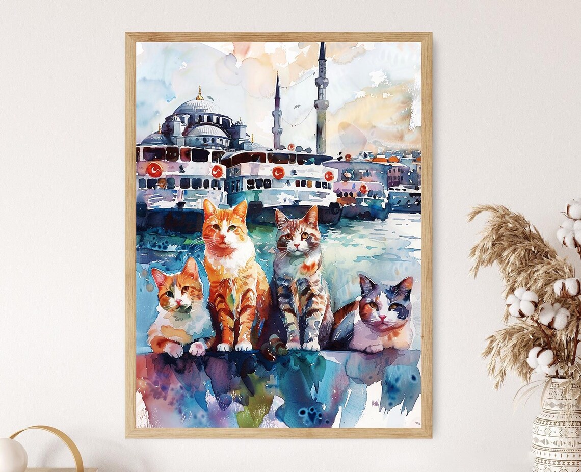 Four Cats by Istanbul Waterfront Poster With Mosque Minarets and Ferry Scene