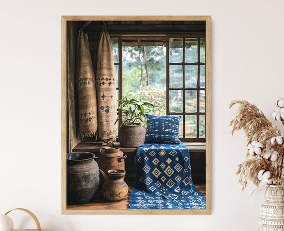 Japanese Kasuri Textile Art Print Geometric Indigo Fabric Poster Artisan Cotton Decor