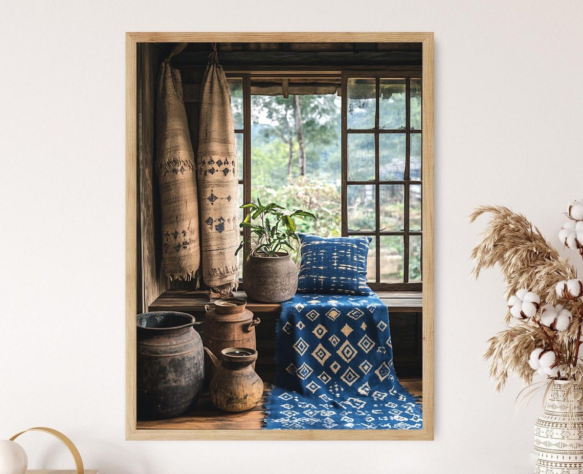 Japanese Kasuri Textile Art Print Geometric Indigo Fabric Poster Artisan Cotton Decor