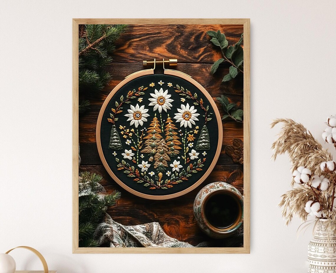 German Edelweiss Embroidery Art Print, Bavarian Style