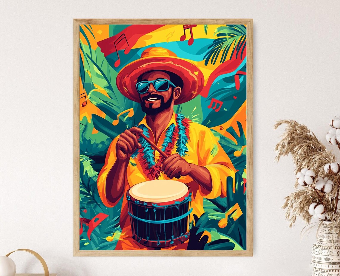 Plena Drummer Illustration, Puerto Rican Folk Art