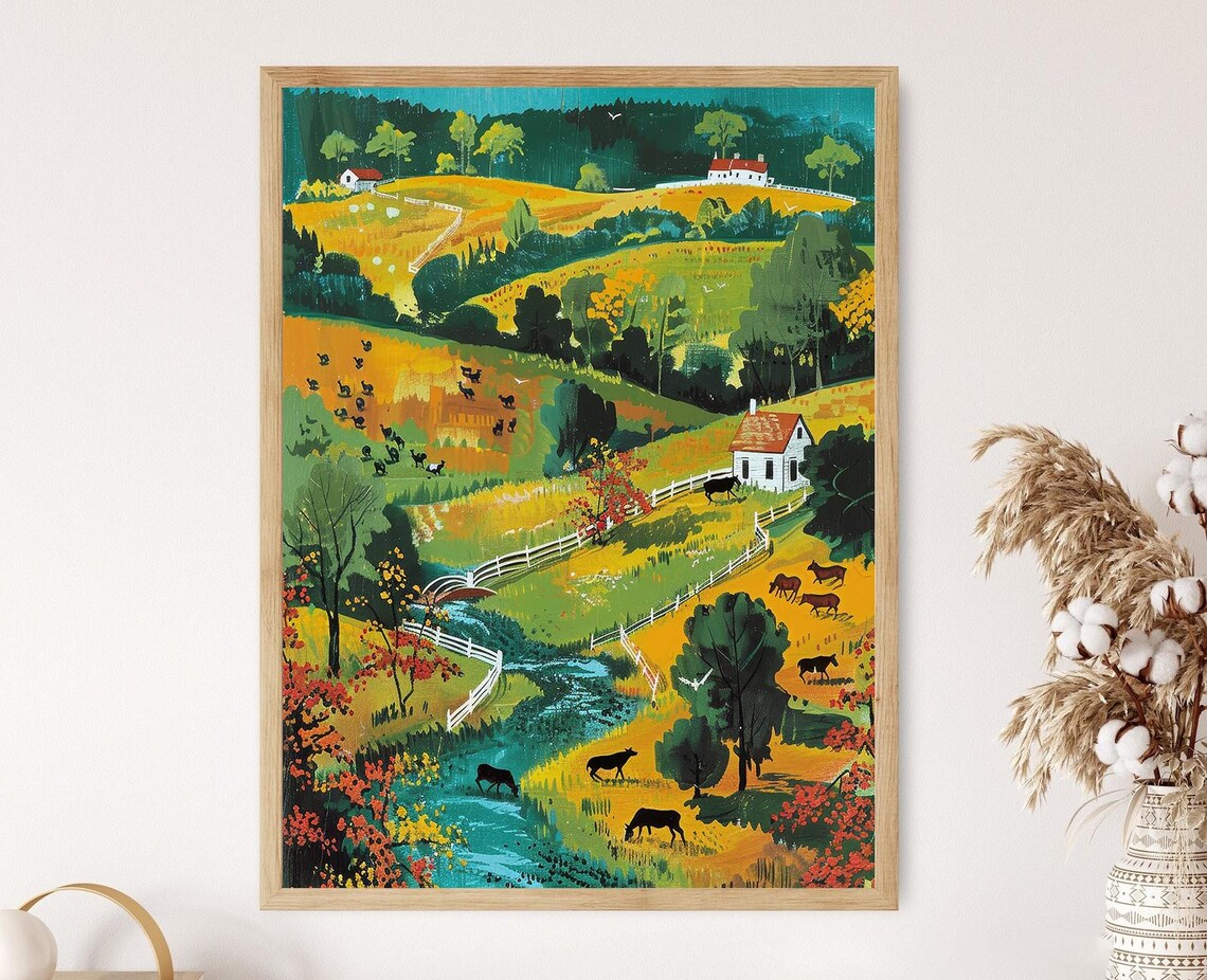 Vintage Americana Landscape, Grandma Moses-Style Poster