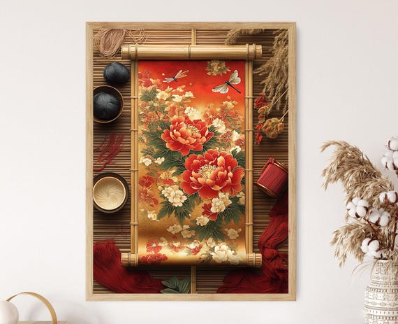 Japanese Obi Textile Art Print Peony And Dragonfly Fabric Poster Silk Weaving Heritage Illustration