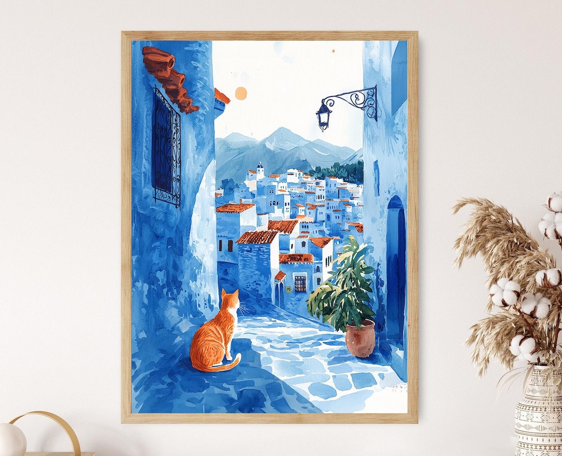Chefchaouen Blue City Moroccan Cat Illustration Art Print