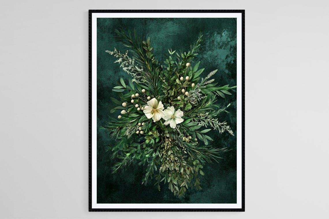 Moody Green Floral Bouquet Art Print Dark Botanical Wall Decor