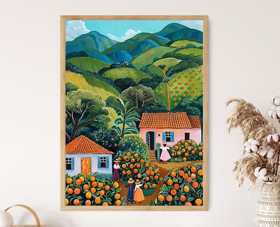Uruguayan Orange Orchard Painting Farmers Picking Oranges Traditional Attire And Rolling Hills