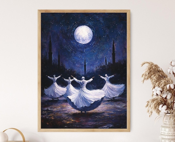 Whirling Dervishes Under Moonlight, Mystical Night Art Print