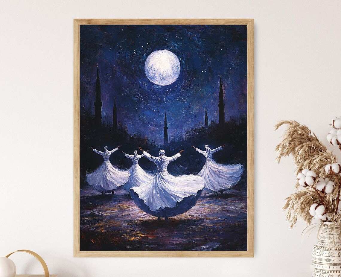 Whirling Dervishes Under Moonlight, Mystical Night Art Print