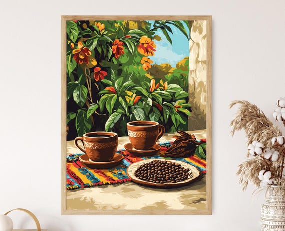 Honduran Coffee Art Print, Clay Cups and Woven Runner