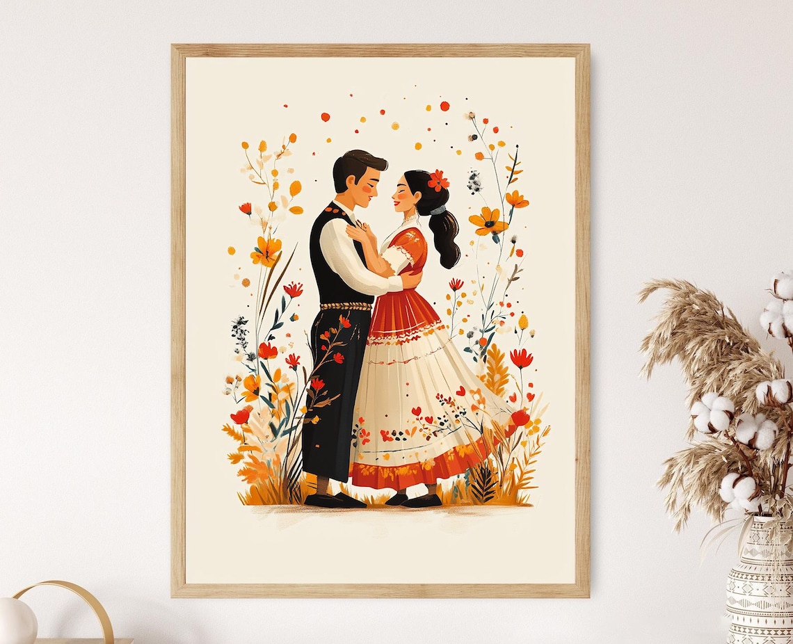Kosovo Wedding Couple Embracing Among Wildflowers Folk Art Poster
