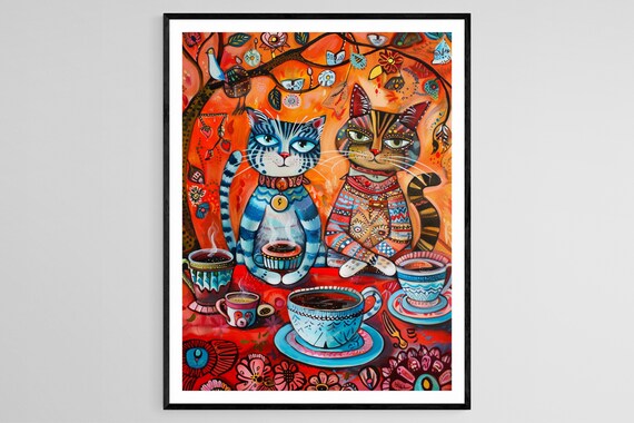 Two Stylish Cats Having Afternoon Tea at a Red Floral Table Poster