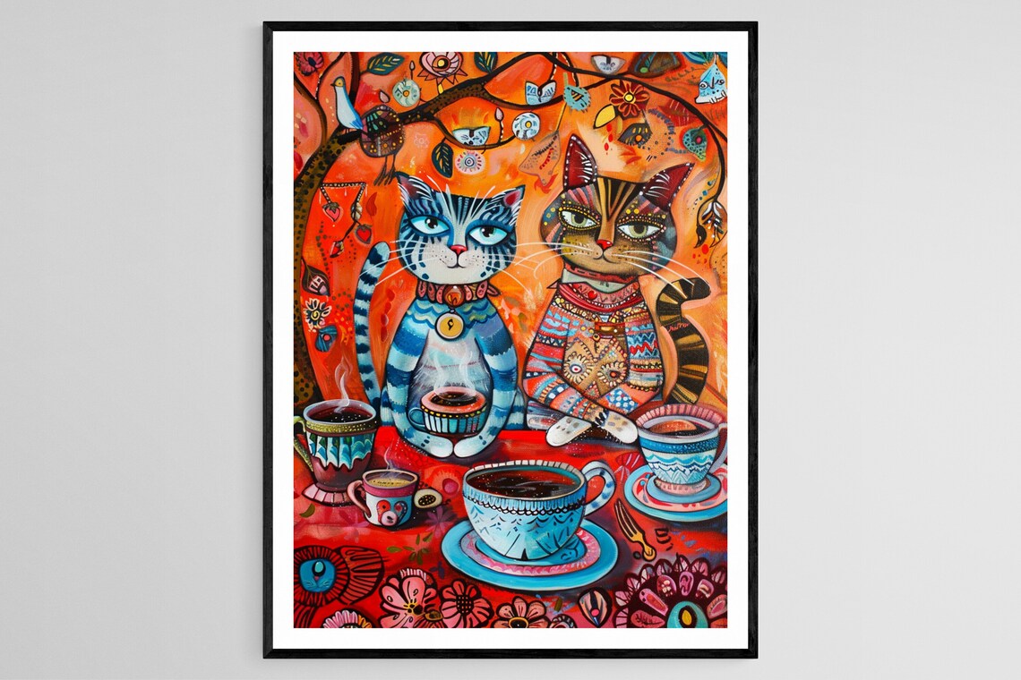 Two Stylish Cats Having Afternoon Tea at a Red Floral Table Poster