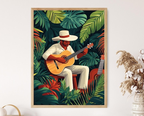 Puerto Rican Guitarist Playing Music In Lush Tropical Jungle Poster