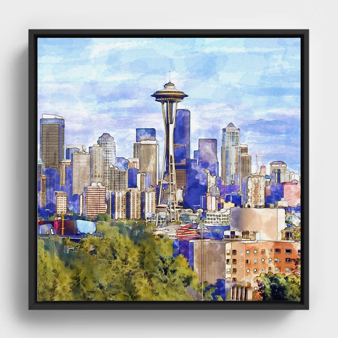 Seattle Skyline With Space Needle Watercolor Cityscape Wall Art