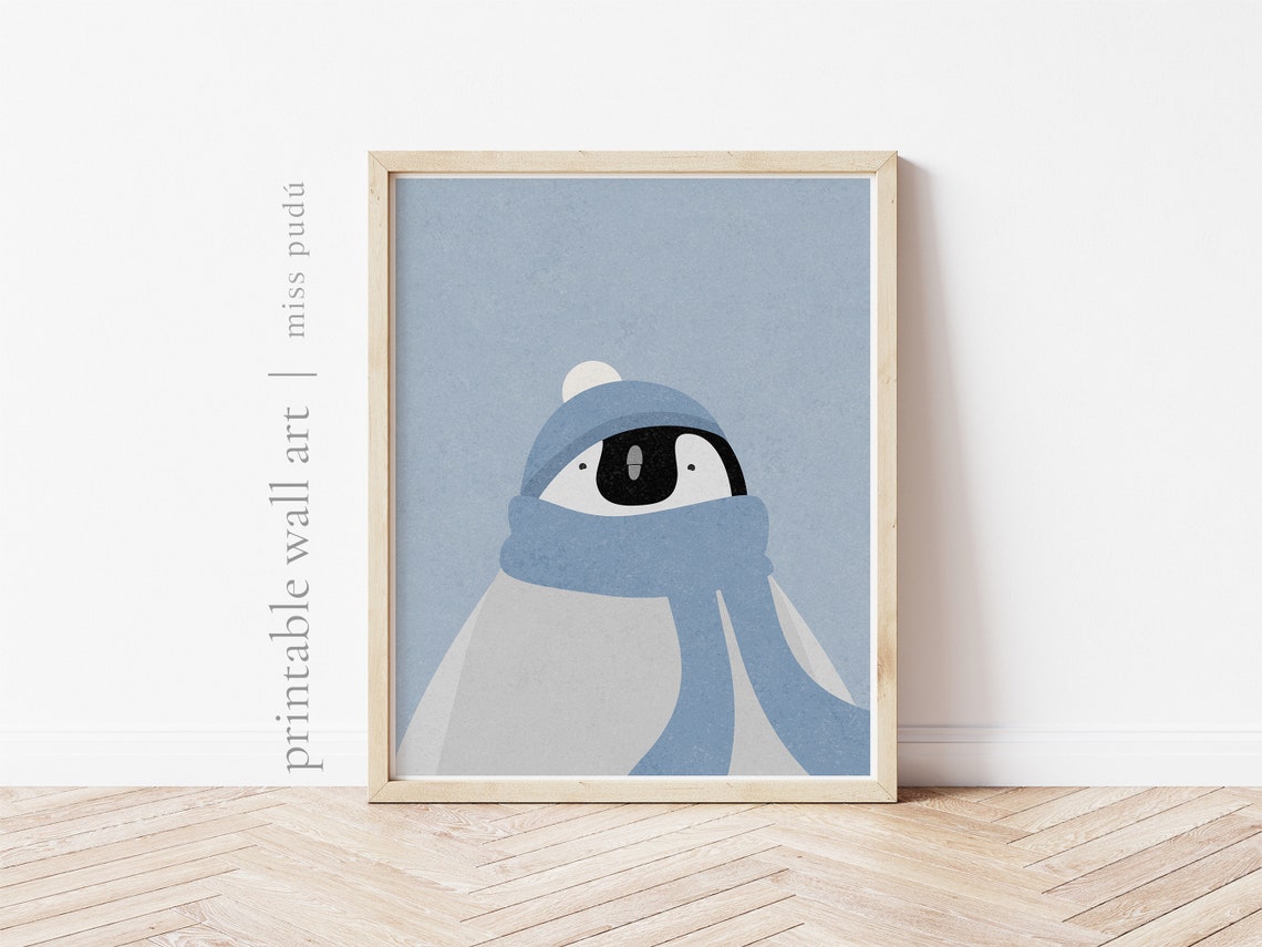 Emperor Penguin Winter Illustration Nursery Poster With Blue Scarf - Image 3