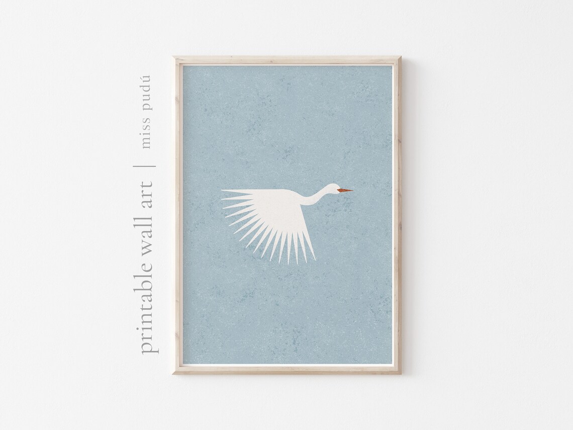 White Heron Flying Abstract Boho Art Print